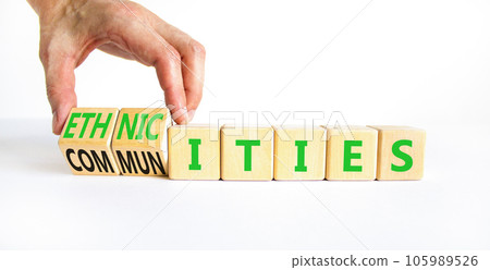 Ethnicities or communities symbol. Concept words Ethnicities and Communities on wooden cubes. Beautiful white background. Businessman hand. Business ethnicities or communities concept. Copy space. Ethnicities or communities symbol. Concept words Ethnicities and Communities on wooden cubes. Beautiful white background. Businessman hand. Business ethnicities or communities concept. Copy space. 105989526