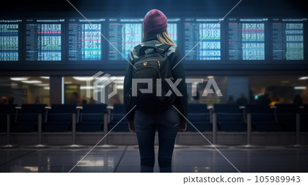 Rear view of a girl in a hat with a backpack on the background of electronic scoreboard Rear view of a girl in a hat with a backpack on the background of electronic scoreboard 105989943