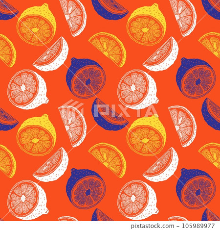 Lemon pattern. Fruit print, yellow and red, summer food background, citrus floral leaf, bright tree wallpaper. Vector seamless illustration texture Lemon pattern. Fruit print, yellow and red, summer food background, citrus floral leaf, bright tree wallpaper. Vector seamless illustration texture 105989977