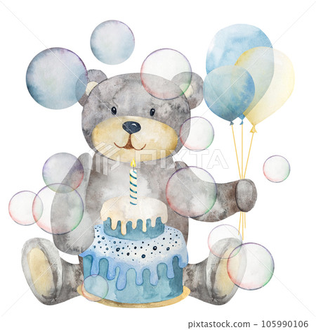 Watercolor illustration, on a white background. Cute cartoon teddy bear with a balloon and a cake, with soap bubbles 105990106