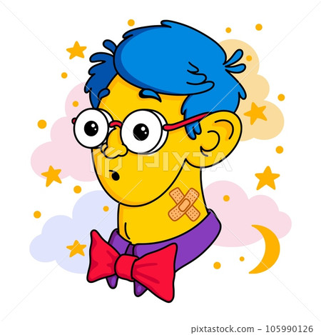Hipster Portrait. Young man avatar, boy with blue hair and a red bowtie, glasses and a band aid on neck. Trendy fashion, quirky style. Modern, edgy, and creative artwork. Vector flat Illustration  105990126
