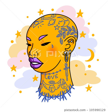 Bald Woman Portrait. Tattoo girl with botanical, space, sword on head and neck. Piercings and earrings, vibrant purple makeup. Avatar with cosmic and trendy boho female elements. Vector illustration  Bald Woman Portrait. Tattoo girl with botanical, space, sword on head and neck. Piercings and earrings, vibrant purple makeup. Avatar with cosmic and trendy boho female elements. Vector illustration  105990129