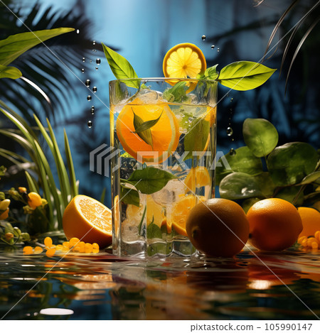 Fresh tropical cocktail with oranges and ice with tropical trees and plants on a dark mystical background. Fresh tropical cocktail with oranges and ice with tropical trees and plants on a dark mystical background. 105990147