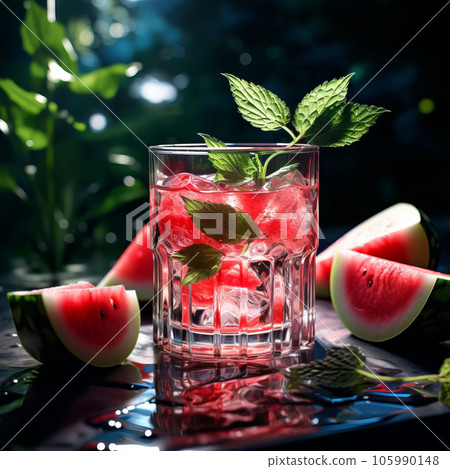 Fresh tropical cocktail with watermelon and ice with tropical trees and plants on a dark mystical background. Fresh tropical cocktail with watermelon and ice with tropical trees and plants on a dark mystical background. 105990148