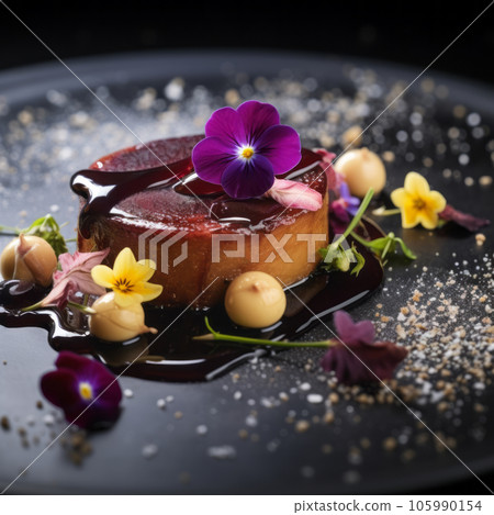 Foie gras, a pate decorated with edible flowers and micro greenery. Foie gras, a pate decorated with edible flowers and micro greenery. 105990154