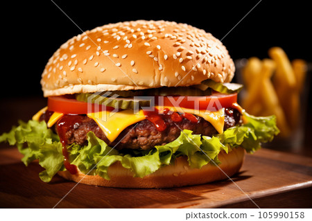 hamburger with cutlet grilled on a wooden surface 105990158
