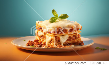 Close-up of a traditional lasagna made with minced beef bolognese sauce topped with basil leafs served on a white plate 105990160