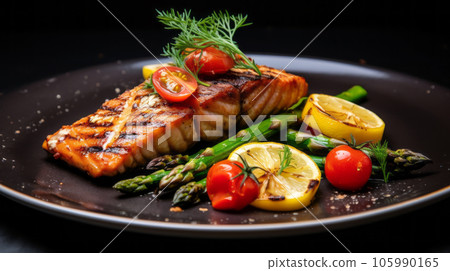 Grilled salmon steak with vegetables on the table close up 105990165