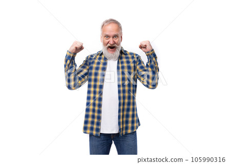 portrait of successful healthy 50s mid aged gray-haired retired man with mustache and beard on white portrait of successful healthy 50s mid aged gray-haired retired man with mustache and beard on white 105990316