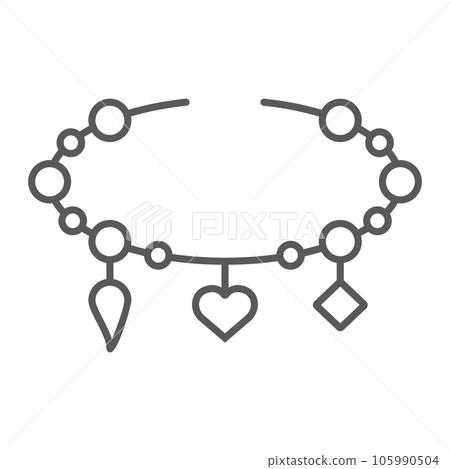 Bracelet with heart thin line icon, jewellery and accessory, bracelet with pendants sign, vector graphics, a linear pattern on a white background. Bracelet with heart thin line icon, jewellery and accessory, bracelet with pendants sign, vector graphics, a linear pattern on a white background. 105990504