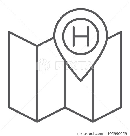 Hotel location thin line icon, navigation and travel, map and pin sign, vector graphics, a linear pattern 105990659