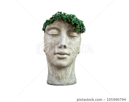 plaster stand for flowers in the form of a human face on a white background 105990794