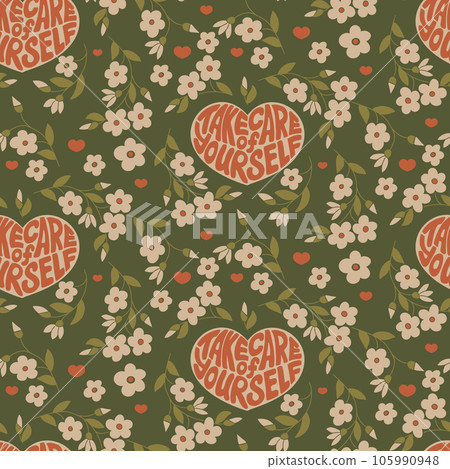 Floral pattern with self love groovy lettering. Flal hand drawn slogan Take Care of Yourself in heart shape with abstract flowers. Self care concept. Perfect for textile, home decoration , wrapping Floral pattern with self love groovy lettering. Flal hand drawn slogan Take Care of Yourself in heart shape with abstract flowers. Self care concept. Perfect for textile, home decoration , wrapping 105990948