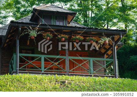 Porch of a wooden house in the forest on the river bank 105991052