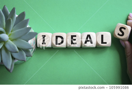 Ideals symbol. Wooden blocks with word Ideals. Businessman hand. Beautiful green background with succulent plant. Business and Ideals concept. Copy space. Ideals symbol. Wooden blocks with word Ideals. Businessman hand. Beautiful green background with succulent plant. Business and Ideals concept. Copy space. 105991086