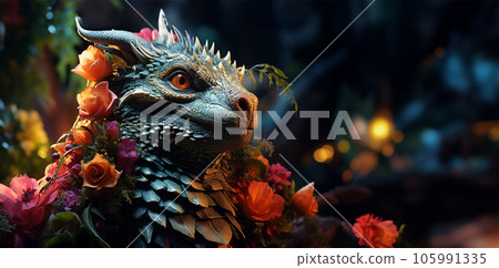 Green wood dragon, generative ai illustration Stock Illustration