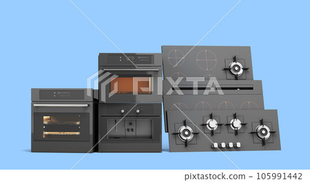built-in electric and gas cooking surfaces and ovens 3d render on blue 105991442