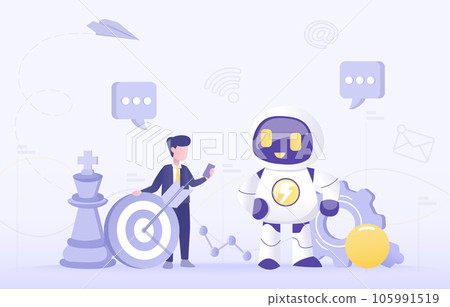 Artificial Intelligence (AI) technology and business strategy. Collaboration between human and ai robot to achieve success. Management strategy planning, brainstorming, thinking. Vector  illustration 105991519