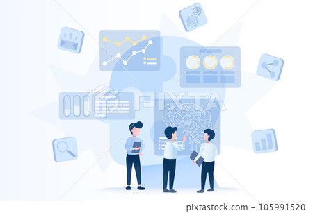 Business ideas and brainstorming concept. Analysis data, strategy, planning, training, creativity, thinking, development and learning. Flat vector design illustration. 105991520