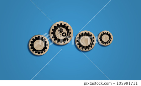 Wooden dice with cogwheel on blue background, mutual aid concept 105991711