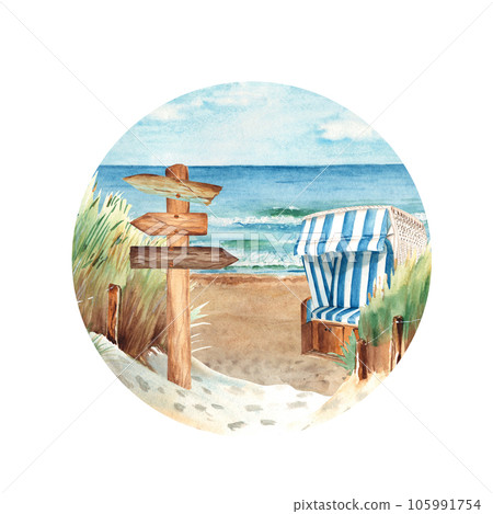 Baltic sea beach with sand dunes, hooded beach chair, Strandkorb and wooden signpost. Ostsee Panorama. Sunny Weather, blue sky with clouds. Hand drawn watercolor illustration. 105991754