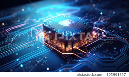 Futuristic neon microprocessor on blue background. Integrated microchip Futuristic neon microprocessor on blue background. Integrated microchip 105991837