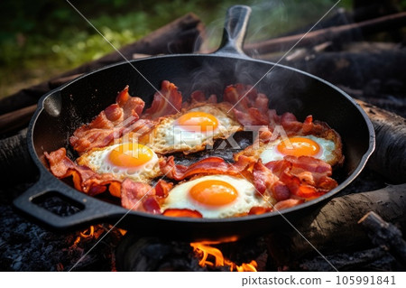 Camping breakfast with bacon and eggs in a cast iron skillet. Fried eggs with bacon in a pan in the forest. 105991841