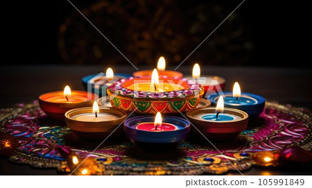 Happy Diwali. Clay Diya lamps during Diwali celebration, Hindu festival of lights celebration. 105991849