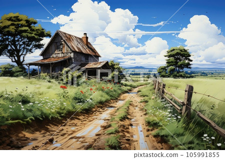 Lonely country house in a meadow by a dirt road. Illustration of a rural scene Lonely country house in a meadow by a dirt road. Illustration of a rural scene 105991855