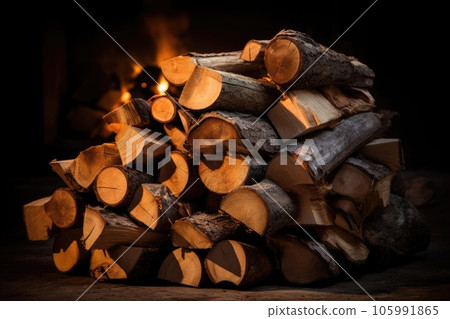 Stacked logs of firewood by the fireplace 105991865
