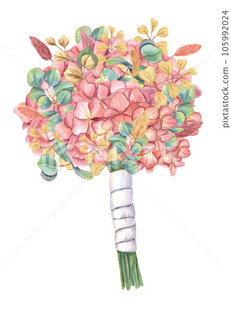 Bridal bouquet of hydrangea, eucalyptus, lagurus with white satin ribbon. Orange, yellow, terracotta, green colors. Composition isolated on white background. For wedding stationary, invitation 105992024