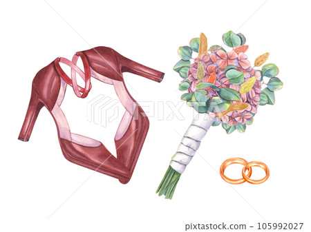 Bridal bouquet of hydrangea, eucalyptus, lagurus with white satin ribbon, gold wedding rings, pair of modern strappy shoes. Leather woman shoes with high heels. Composition isolated on white Bridal bouquet of hydrangea, eucalyptus, lagurus with white satin ribbon, gold wedding rings, pair of modern strappy shoes. Leather woman shoes with high heels. Composition isolated on white 105992027