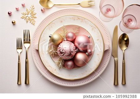 Christmas or new year table setting with golden cutlery Generative AI 105992388