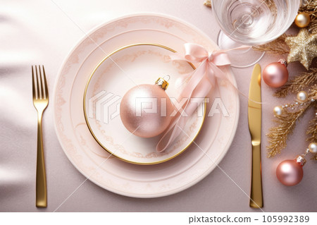 Christmas or new year table setting with golden cutlery Generative AI 105992389