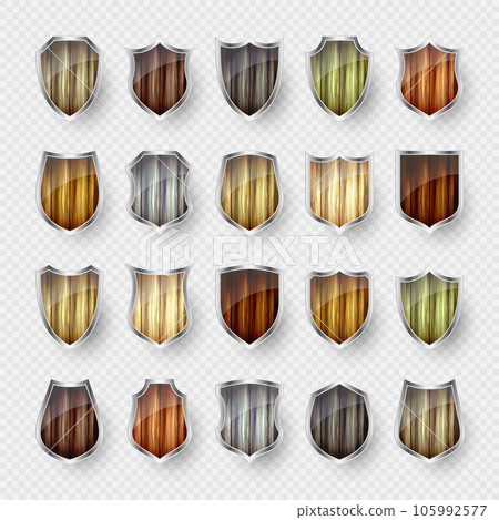 Set of wooden vintage shield icons. Black heraldic shields. Protection and security symbol, label. Vector illustration 105992577