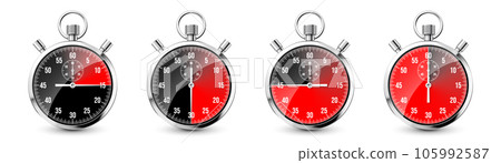 Realistic classic stopwatch. Shiny metal chronometer, time counter with dial. Red countdown timer showing minutes and seconds. Time measurement for sport, start and finish. Vector illustration 105992587