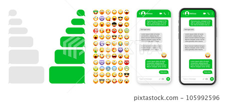Smartphone messaging app, user interface design with emoji. SMS text frame. Chat screen with green message bubbles. Texting app for communication. Social media application. Vector illustration Smartphone messaging app, user interface design with emoji. SMS text frame. Chat screen with green message bubbles. Texting app for communication. Social media application. Vector illustration 105992596