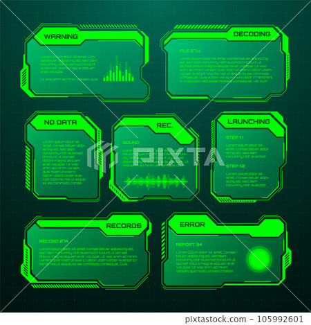 Green futuristic HUD, UI elements. Sci-fi user interface text boxes, callouts. Warning message frames, information boxes template. Modern game interface layout in digital style. Vector illustration Green futuristic HUD, UI elements. Sci-fi user interface text boxes, callouts. Warning message frames, information boxes template. Modern game interface layout in digital style. Vector illustration 105992601