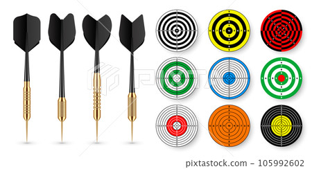 Paper targets with dart arrows and shadows. Shooting range round target, divisions, marks and numbers. Gun shooting practise and training, sport competition. Bullseye and aim. Vector illustration Paper targets with dart arrows and shadows. Shooting range round target, divisions, marks and numbers. Gun shooting practise and training, sport competition. Bullseye and aim. Vector illustration 105992602