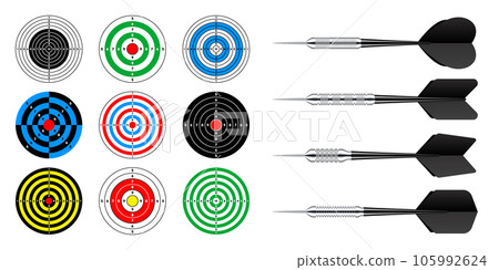 Paper targets with dart arrows. Shooting range round target, divisions, marks and numbers. Gun shooting practise and training, sport competition, hunting. Bullseye and aim. Vector illustration 105992624