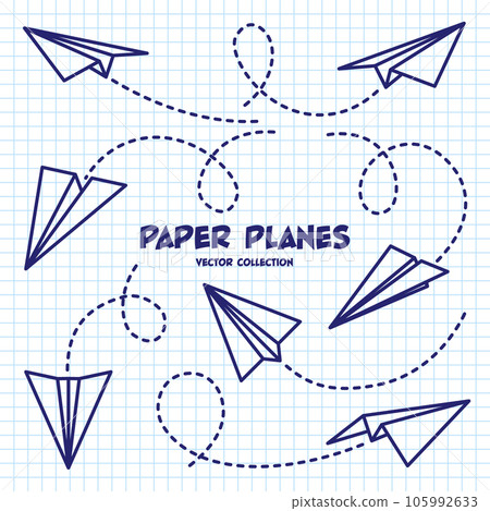 Hand drawn planes on checkered paper sheet. School notebook for drawing. Doodle airplane, dotted route line. Aircraft icon, simple monochrome plane silhouettes. Outline, line art. Vector illustration 105992633
