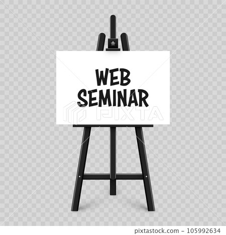 Realistic paint desk with text on white canvas. Black wooden easel and a sheet of drawing paper. Presentation board on a tripod. Distance education, online courses and e-learning. Vector illustration 105992634