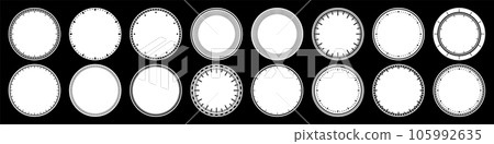 Mechanical clock faces, bezel. Watch dial with minute and hour marks. Timer or stopwatch element. Blank measuring circle scale with divisions. Vector illustration. 105992635