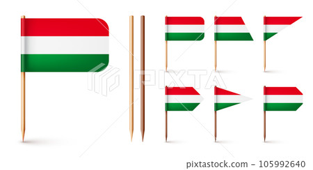 Realistic various Hungarian toothpick flags. Souvenir from Hungary. Wooden toothpicks with paper flag. Location mark, map pointer. Blank mockup for advertising and promotions. Vector illustration Realistic various Hungarian toothpick flags. Souvenir from Hungary. Wooden toothpicks with paper flag. Location mark, map pointer. Blank mockup for advertising and promotions. Vector illustration 105992640