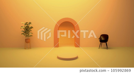 Display and podium courtyard tropical concept product wall arch round commercial advertisement pedestal space for placing products fashion cosmetics skincare and beauty. 3D illustration. 105992869