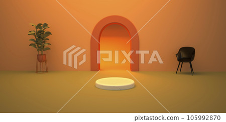Display and podium courtyard tropical concept product wall arch round commercial advertisement pedestal space for placing products fashion cosmetics skincare and beauty. 3D illustration. 105992870