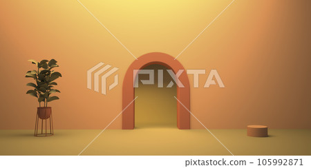 Display and podium courtyard tropical concept product wall arch round commercial advertisement pedestal space for placing products fashion cosmetics skincare and beauty. 3D illustration. Display and podium courtyard tropical concept product wall arch round commercial advertisement pedestal space for placing products fashion cosmetics skincare and beauty. 3D illustration. 105992871