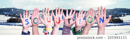 Children Hands Building Word Solution, Winter Background Children Hands Building Word Solution, Winter Background 105993131