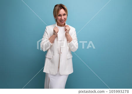 cute smart young european blonde business woman in white jacket and dress 105993278