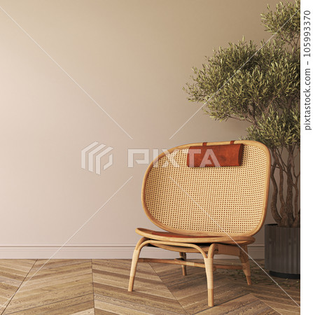 Japandi boho beige interior with armchair and plant tree background. Light modern australian livingroom. 3d rendering illustration mockup. High quality 3d illustration Japandi boho beige interior with armchair and plant tree background. Light modern australian livingroom. 3d rendering illustration mockup. High quality 3d illustration 105993370